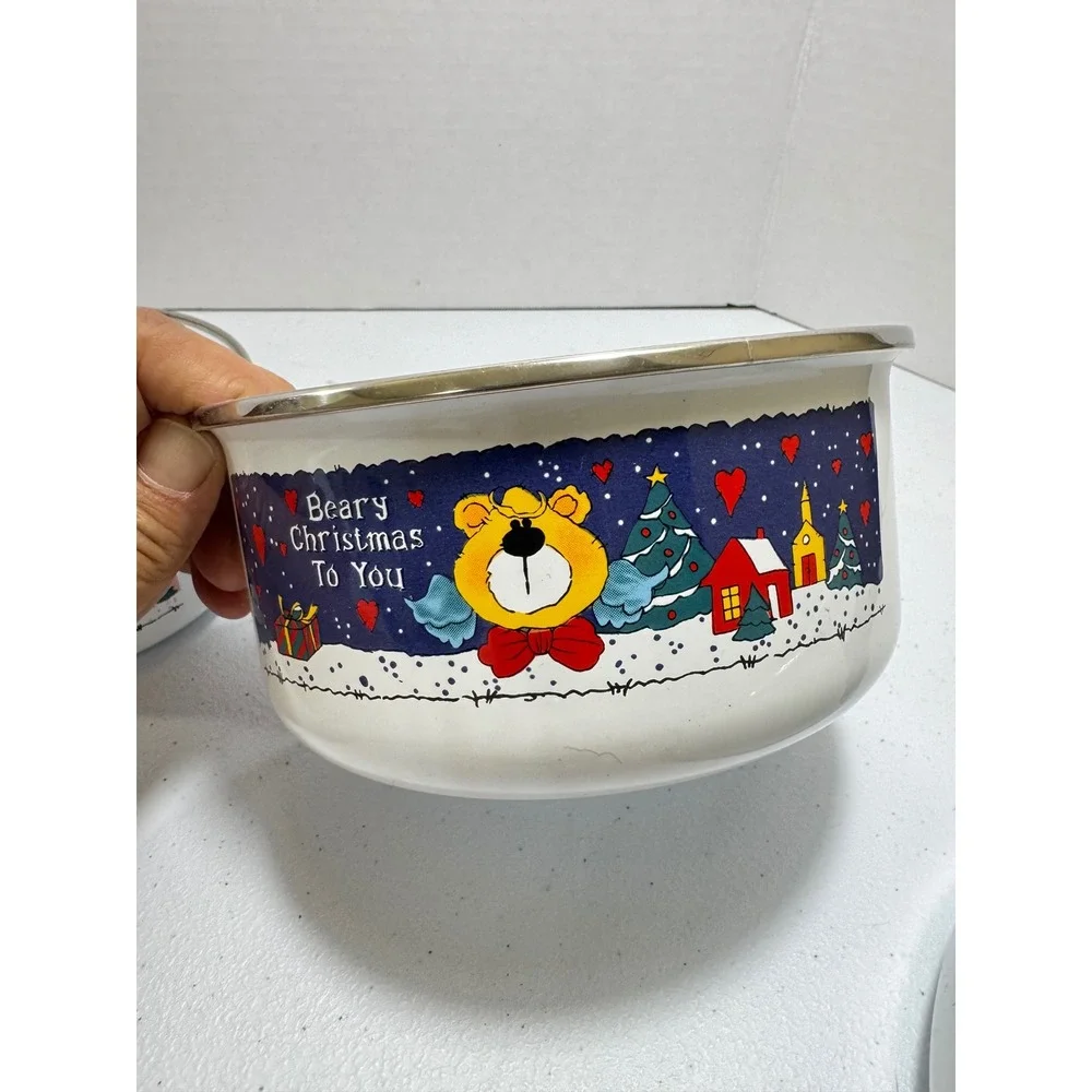 VTG 5*Christmas Enamel Nesting Bowls Set Santa Snowman Reindeer Bear‎ collection
